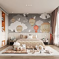 Kids Bedroom With Hot Air Balloon Cloud Wall Decor Plush Toys And Carpet