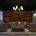 Stylish Hotel Public Lounge With Wooden Bookshelves Chandelier And Cozy Seating