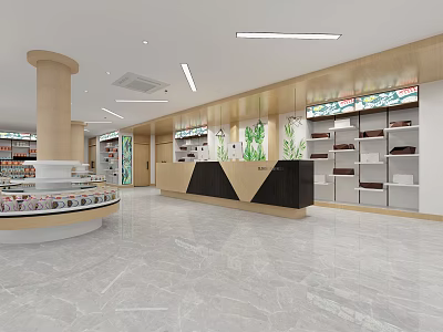 Modern Shopping Mall Retail Store Interior With Counter Shelves Display Areas And Marble Floor 3d model