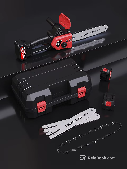 Professional Industrial Chain Saw Equipment With Black Toolbox And Red Black Accessories 3d model 