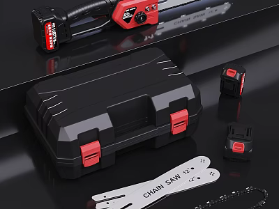 Professional Industrial Chain Saw Equipment With Black Toolbox And Red Black Accessories 3d model