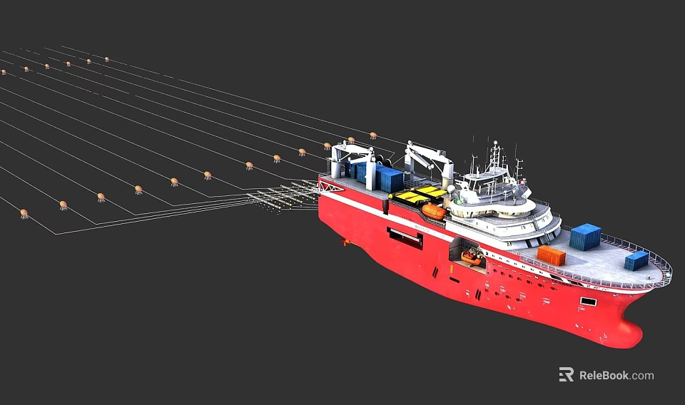 Red Cargo Ship With Containers Crane And Mooring Lines At Sea 3d model 