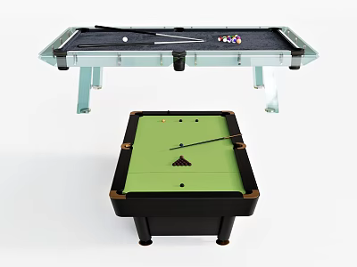 Green Felt And Glass Top Billiard Tables As Sports Equipment With Balls And Cues 3d model
