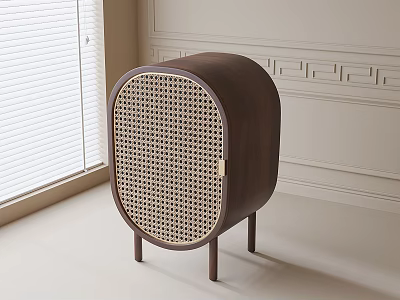 Modern Dark Brown Wooden Sideboard With Rattan Panel And Brass Hardware Details 3d model