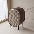 Modern Dark Brown Wooden Sideboard With Rattan Panel And Brass Hardware Details