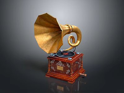 Vintage Gramophone With Golden Horn Wooden Base And Decorative Turntable 3d model