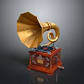 Vintage Gramophone With Golden Horn Wooden Base And Decorative Turntable
