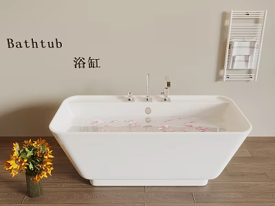 White Bathtub In Bathroom With Water Pink Petals Yellow Flowers In Vase And Wall Rack 3d model
