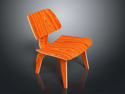 Modern Orange Wooden Chair With Curved Back And Sturdy Legs Design 3d model