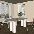Oval White Modern Dining Table Set With Silver Legs Four Chairs And Green Plant Vase