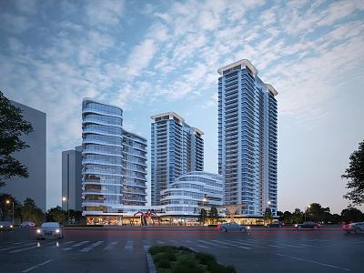 Modern Commercial Street With High Rise Buildings And Illuminated Evening Surroundings 3d model