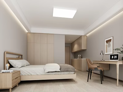 Modern Apartment Bedroom With Wooden Furniture Desk Chair Plant And Recessed Lighting 3d model