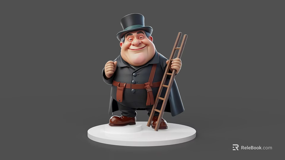 Smiling 3D Game Movie Character With Top Hat Black Coat And Wooden Ladder 3d model 