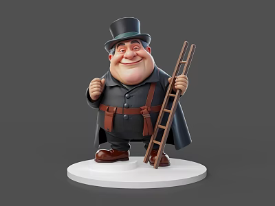 Smiling 3D Game Movie Character With Top Hat Black Coat And Wooden Ladder 3d model
