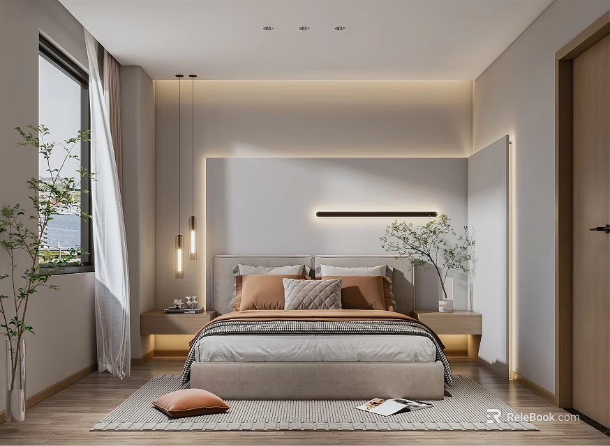 Modern Bedroom Interior Design With Bed Pillows Nightstands Pendant Lights Rug And Plants 3d model 