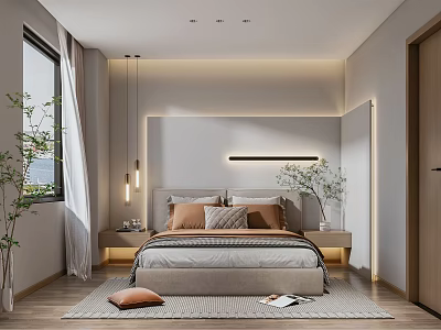 Modern Bedroom Interior Design With Bed Pillows Nightstands Pendant Lights Rug And Plants 3d model