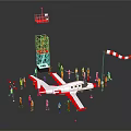 Red and White Airplane Miniature Scene with Tower Figures and Checkered Flag