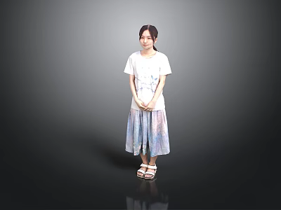 Woman in white T-shirt and colorful long skirt with sandals against gray background 3d model