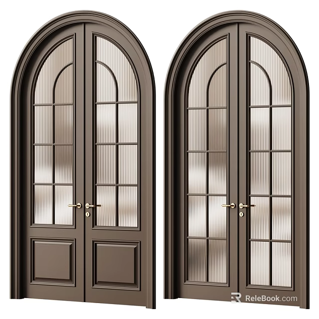 Dark Brown Arched Hinged Doors with Vertical Ribbed Glass Panels and Handles 3d model 