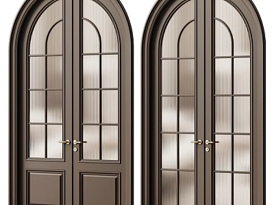 Dark Brown Arched Hinged Doors with Vertical Ribbed Glass Panels and Handles 3d model