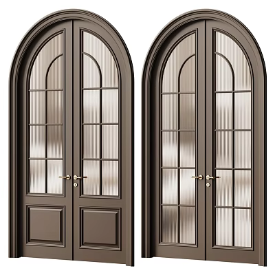 Dark Brown Arched Hinged Doors with Vertical Ribbed Glass Panels and Handles 3d model