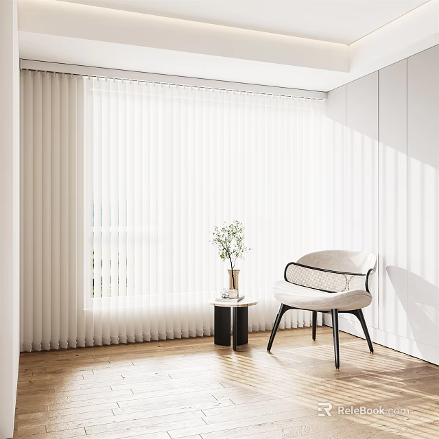 White Curtains In Modern Interior With Armchair Side Table Vase And Wooden Floor 3d model 