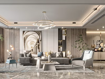 Modern Living Room Interior With Chandelier Sofa Coffee Table And Green Plant 3d model