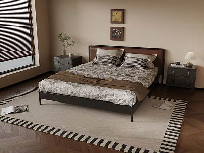 Modern Double Bed with Patterned Bedding Wooden Headboard Nightstands and Striped Rug in Bedroom 3d model