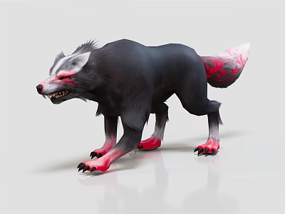 Fierce Black Wolf With Red Paws And Tail Standing On White Background With Aggressive Look 3d model