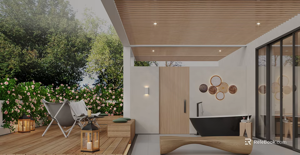 Garden Landscape Design With Wooden Ceiling Outdoor Lounge White Chairs Black Bathtub And Green Plants 3d model 