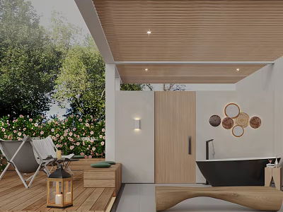 Garden Landscape Design With Wooden Ceiling Outdoor Lounge White Chairs Black Bathtub And Green Plants 3d model