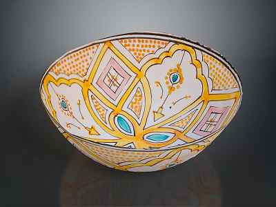 Hand Carved Decorative Bowl Featuring Yellow Pink Blue Geometric And Floral Patterns 3d model