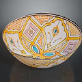 Hand Carved Decorative Bowl Featuring Yellow Pink Blue Geometric And Floral Patterns