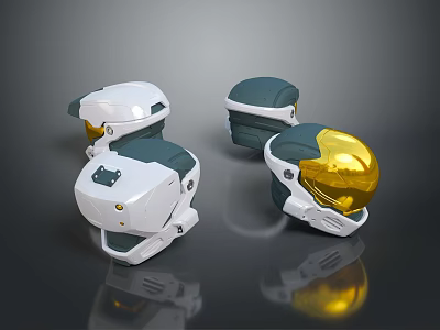 Futuristic Weapon Helmets Featuring White Gold And Green Modern Design Elements 3d model