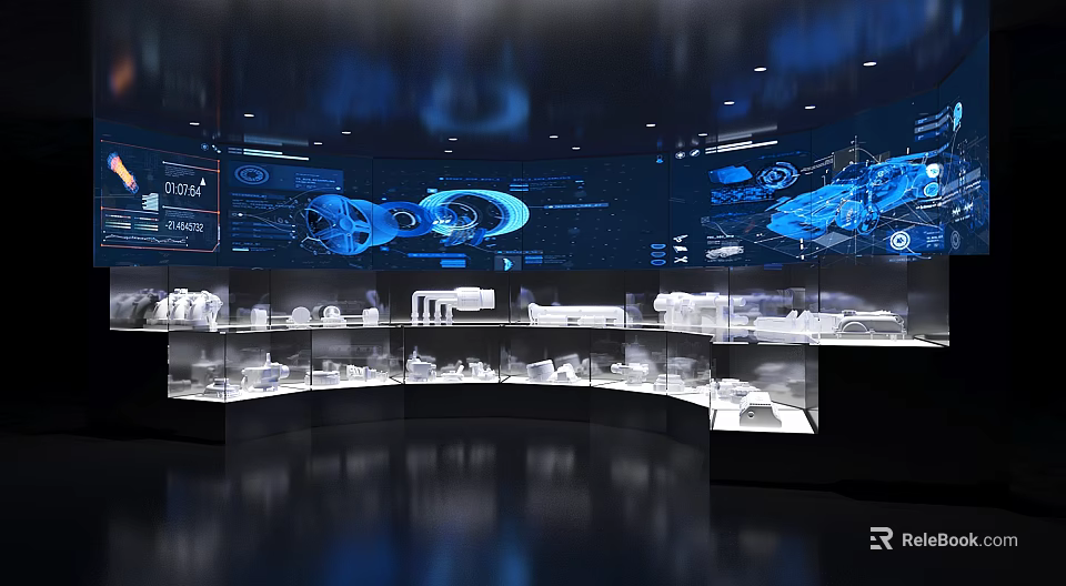 Hi tech Exhibition Space With Curved Glass Display Cases And Blue Digital Screens 3d model 
