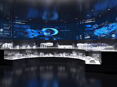 Hi tech Exhibition Space With Curved Glass Display Cases And Blue Digital Screens 3d model