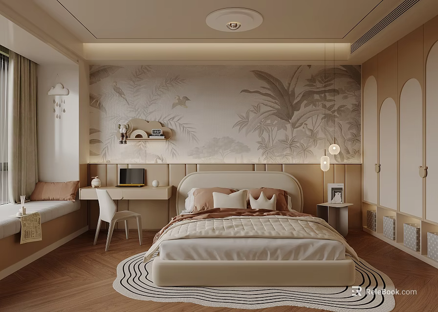 Modern Bedroom Interior With Tropical Leaf Wall Art Bed Desk Chair And Geometric Rug 3d model 