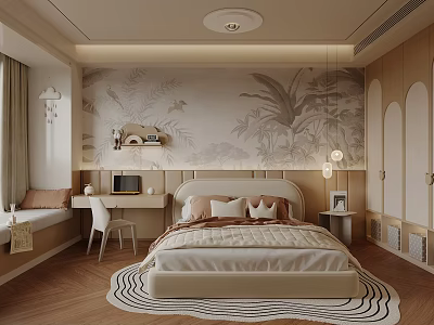 Modern Bedroom Interior With Tropical Leaf Wall Art Bed Desk Chair And Geometric Rug 3d model