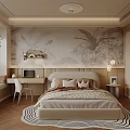 Modern Bedroom Interior With Tropical Leaf Wall Art Bed Desk Chair And Geometric Rug
