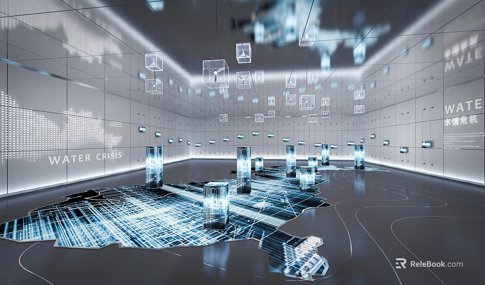 Modern Hi Tech Exhibition Hall With Illuminated Cubes Floating Light Patterns And Water Cube Design 3d model 