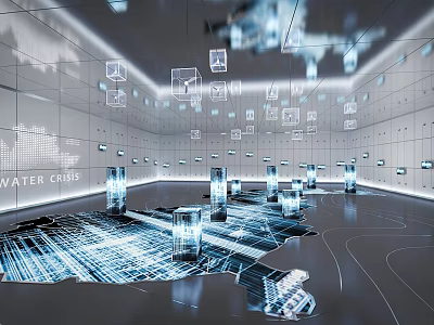 Modern Hi Tech Exhibition Hall With Illuminated Cubes Floating Light Patterns And Water Cube Design 3d model