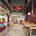 Modern Restaurant Interior With Red Walls Wine Racks Bar Counter Pendant Lights And Dining Tables