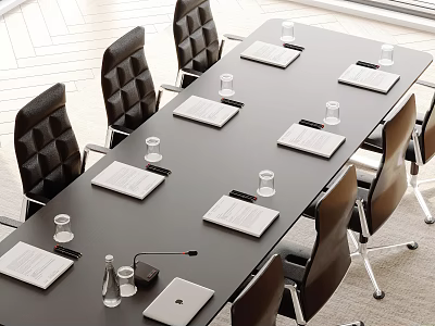 Modern Conference Table With Black Chairs Notebooks Water Glasses Laptop And Microphone 3d model