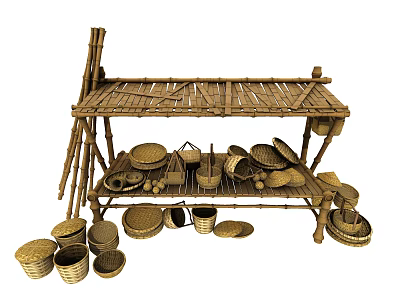 Traditional Bamboo Stall Display With Woven Baskets Plates And Handmade Crafts 3d model