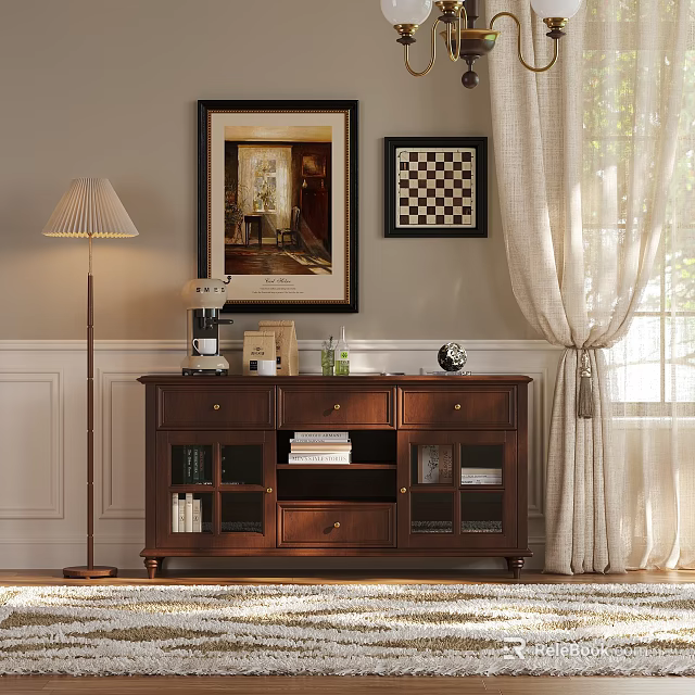 Classic Wooden Sideboard in Cozy Living Room with Coffee Machine Books and Decorative Items 3d model 
