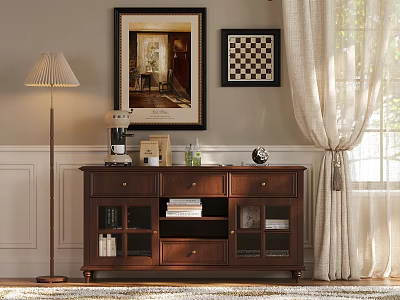 Classic Wooden Sideboard in Cozy Living Room with Coffee Machine Books and Decorative Items 3d model