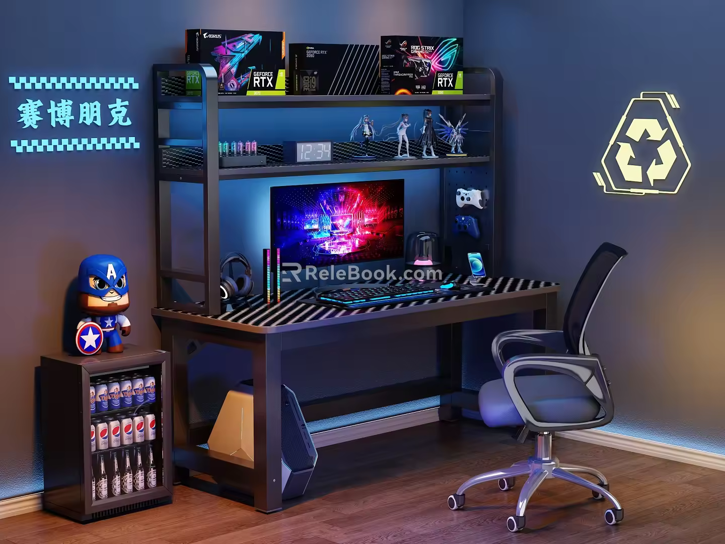Modern E-sports Table and Chair E-sports Room Computer Table and Chair Cyberpunk Computer Ornaments Combination Bookshelf Computer Host Monitor Speaker Small Refrigerator Hand-held 3d model