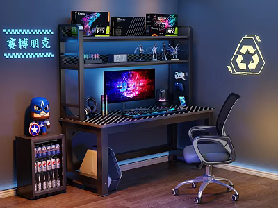 Modern E-sports Table and Chair E-sports Room Computer Table and Chair Cyberpunk Computer Ornaments Combination Bookshelf Computer Host Monitor Speaker Small Refrigerator Hand-held 3d model