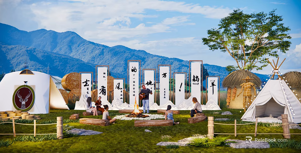 Scenic Outdoor Photo Check In Spot With White Pillars Chinese Characters And Mountain View 3d model 