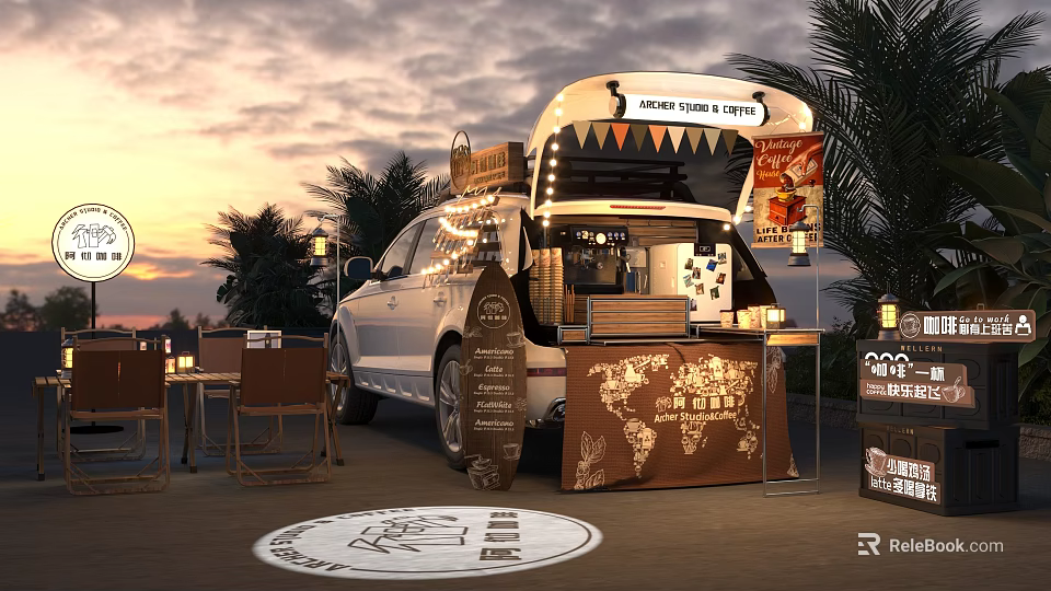 Jack's Mobile Café With White Vehicle Sunset Background Palm Trees Tables And World Map Decor 3d model 